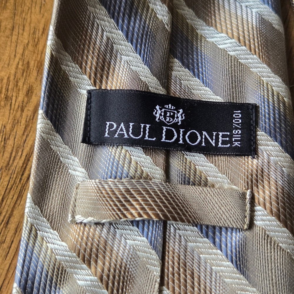Paul Dione Mens Silk Tie Silver Champagne Blue Diagonal Stripe Herringbone Woven - Picture 3 of 4